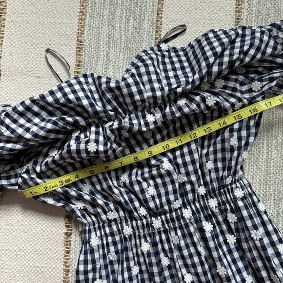 Perseverance Blue White Gingham Daisy Floral Short Puff Sleeve Midi Dress Size 8 - Picture 6 of 10